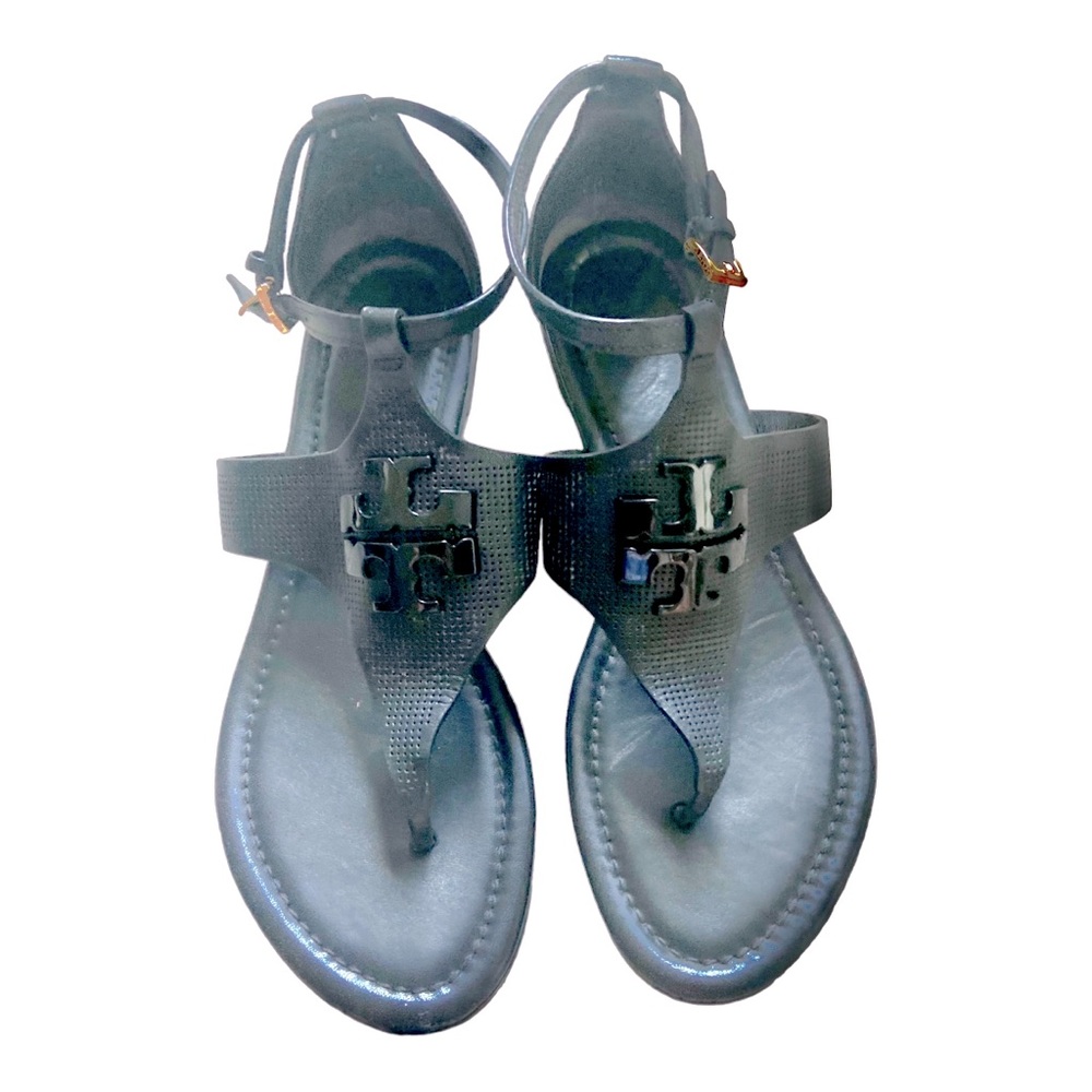 Tory Burch Laura Everly Logo Leather Sandal Black Matte/Mesh Leather Sz 7.5